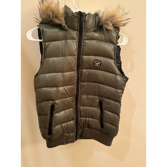 American Eagle Down Puffer Vest Faux Fur Hat Women's Small Teen Olive Green - Picture 1 of 12